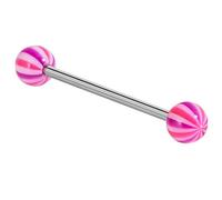 Barra de acrílico para lengua o pezón de melón con barra de acero quirúrgico. Una barra, bolas rosa-moradas. El tamaño es de 1,6 mm de calibre, 14 mm de longitud (la longitud más popular), bolas de 6
