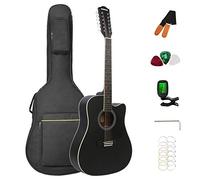 Barra de armadura ajustable para guitarra acústica de 12 cuerdas, paquete completo con bolsa de concierto, afinador, cuerdas, correa, púas, color negro