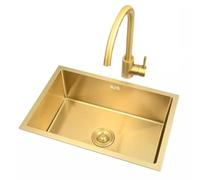 Barra de Cocina Empotrable de un Solo Seno Deo Inoxidable con Grifo Curvo Dorado, Multifuncional para Montaje Superior./Oro/60 * 40 * 21 cm