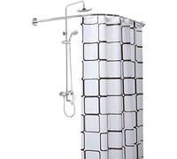 Barra de cortina de ducha curvada ajustable extensible en forma de L, instalación sin taladro, barra de tensión telescópica a prueba de óxido para esquinas de baño, fácil de instalar, diseño de ahorro