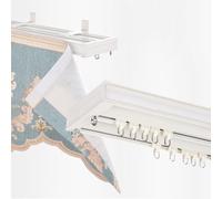 Barra de cortina de techo ajustable de 75 a 600 cm, barra de madera blanca con cenefa, divisor versátil para sala de estar y dormitorio, barra doble de 150 cm, máxima cobertura y estilo