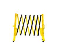 Barrera de seguridad plegable amarilla - 350 cm | Barricada extensible de plástico para seguridad peatonal | Valla de barricada móvil portátil con 4 ruedas