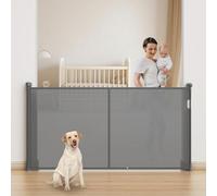 Barrera de seguridad retráctil para niños y perros, 1,5 m, 3 m, 5 m, con refuerzo de fibra de vidrio, gran barrera para escaleras interiores y exteriores (gris, 1,5 m)