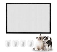 Barrera para perros, 110 × 72 cm, rejilla protectora para escaleras, sin agujeros, color negro, sin taladrar, con 4 ganchos adhesivos, rejilla para puerta para perros y gatos