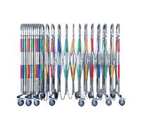 Barrera retráctil de acero inoxidable con ruedas, rayas reflectantes, clips de cadena y tapas de lluvia para entrada, garaje y seguridad escolar (1,1 x 5 m)