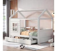 Barrera Seguridad Niños Cama 90x200 con Ventana anticaídas y somier,Cama Infantil 90x200,Cama Alta de Madera versátil,Cama litera Matrimonio,Cama casita,litera Triple de Madera Maciza,Blanco