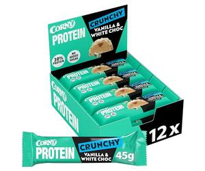 Barritas de Proteínas, Corny Protein, Crunchy Chocolate Blanco Sabor Vainilla, 13,5 gr de Proteínas, 0% Azúcares Añadidos - Pack 12x45 g Taste the Power