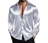 Barry.Wang Camisas para Hombre de Manga Larga Elegantes Elásticas Lisas con Botones de Satén Formales Casuales Negocios Boda Fiesta, L