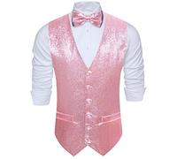 Barry.Wang Chaleco brillante de lentejuelas para hombre, conjunto de pajarita brillante, casual, chaleco para festival, discoteca, fiesta de graduación, Rosa Brillante, XXL