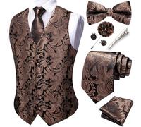 Barry.Wang Chaleco de cachemira para hombre, conjunto de corbata, corbata, pañuelo y gemelos de solapa para boda, 8 unidades, Negro marrón., L