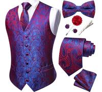 Barry.Wang Chaleco de cachemira para hombre, conjunto de corbata, corbata, pañuelo y gemelos de solapa para boda, 8 unidades, Azul real y rojo, S