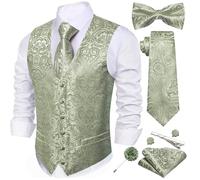Barry.Wang Chaleco de seda jacquard con cuello en V para hombre, 7 piezas, chaleco formal con corbatín, bolsillo cuadrado para boda, negocios