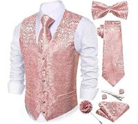 Barry.Wang Chaleco de seda jacquard con cuello en V para hombre, 7 piezas, chaleco formal con corbatín, bolsillo cuadrado para boda, negocios