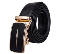 Barry.Wang Cinturón de lujo para hombre, hebilla dorada, diseño de trinquete, de piel negra, caja de regalo, cinturón para jeans de vestir, dorado, Length 130cm-51",adjustable