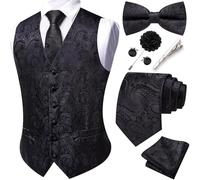 Barry.Wang Juego de chalecos formales para hombre con diseño de cachemira, corbata, moño, clip, pañuelo, gemelos, pin de solapa, para boda, 8 piezas, Paisley negra., L