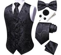 Barry.Wang Juego de chalecos formales para hombre con diseño de cachemira, corbata, pajarita, clip, pañuelo, gemelos, pin de solapa, para boda, 8 piezas, Negro, L