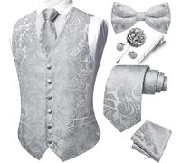 Barry.Wang Juego de chalecos formales para hombre con diseño de cachemira, corbata, pajarita, clip, pañuelo, gemelos y pin de solapa para boda, 8 piezas, plata, M