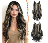 BARSDAR 2 Piezas Hilo Invisible Extensiones de Cabello, 50cm Ondulado Layered Sintética Clip in Hair Extensions para Mujer Aspecto Natural Lace Weft Invisible Wire Postizos, Negro con Rubio Highlights