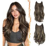 BARSDAR 2 Piezas Hilo Invisible Extensiones de Cabello, 50cm Ondulado Layered Sintética Clip in Hair Extensions para Mujer Aspecto Natural Lace Weft Invisible Wire Postizos, Marrón Negro Highlights