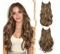 BARSDAR 2 Piezas Hilo Invisible Extensiones de Cabello, 50cm Ondulado Layered Sintética Clip in Highlight Hair Extensions para Mujer Aspecto Natural Lace Invisible Wire Postizos, Marrón Miel Rubio