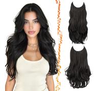 BARSDAR 2 Piezas Hilo Invisible Extensiones de Cabello, 50cm Ondulado Layered Sintética Clip in Marrón Negro Hair Extensions para Mujer Aspecto Natural Lace Weft Invisible Wire Marrón Negro Postizos