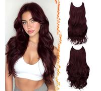 BARSDAR 2 Piezas Hilo Invisible Extensiones de Cabello Borgoña, 50cm Ondulado Layered Sintética Clip in Borgoña Oscuro Hair Extensions para Mujer Aspecto Natural Lace Weft Invisible Wire Postizos