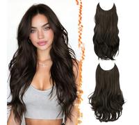 BARSDAR 2 Piezas Hilo Invisible Extensiones de Cabello Marron Oscuro, 50cm Ondulado Layered Sintética Clip in Hair Extensions para Mujer Aspecto Natural Lace Weft Invisible Wire Marron Oscuro Postizos