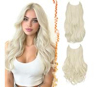 BARSDAR 2 Piezas Hilo Invisible Extensiones de Cabello Rubio, 50cm Ondulado Layered Sintética Clip in Hair Extensions para Mujer Aspecto Natural Lace Weft Invisible Wire Postizos Diaria, Platino Rubio