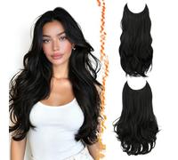 BARSDAR 2 Piezas Hilo Invisible Negro Extensiones de Cabello, 50cm Ondulado Layered Sintética Clip in Negro Hair Extensions para Mujer Aspecto Natural Lace Weft Invisible Wire Postizos Diaria Fiestas