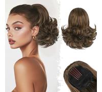 BARSDAR Coleta Postiza Pelo con Cordón, 25cm Corta Clip in Cola de Caballo Extensiones de Cabello con Peines para Mujeres Sintetico Extensiones Coleta Postizos - Marrón Oscuro con Reflejos