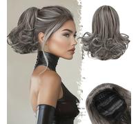 BARSDAR Coleta Postiza Pelo con Cordón, 25cm Corta Ondulado Clip in Extensiones Coleta Postizos con Peines para Mujeres Sintetico Gris Cola de Caballo Extensiones de Cabello - Marrón Oscuro Mix Gris