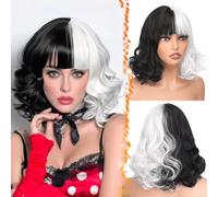 BARSDAR Corta Ondulada Blanco y Negro Pelucas con Flequillo, Corta Ondulada Disfraz Pelucas para Mujer 35cm Mitad Negro mitad Blanco Peluca para Mujer 35cm Aspecto Natural Grueso Peluca Halloween
