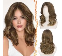 BARSDAR Corta Ondulada Castaño con Rubio Miel Peluca, Shoulder Largo Pelucas para Mujer Corta Loose Wave Layered Peluca con Face-Framing Curtain Bangs Sintética Aspecto Natural Pelucas de Pelo Party