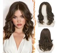 BARSDAR Corta Ondulada Marrón con Highlights Peluca, Shoulder Largo Pelucas para Mujer Corta Loose Wave Layered Peluca con Face-Framing Curtain Bangs Sintética Aspecto Natural Pelucas de Pelo Party