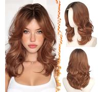 BARSDAR Corta Ondulada Ombre Auburn Peluca, Shoulderlongitud Ondulada Auburn Pelucas para Mujer Corta Body Wave Layered Peluca con Face-Framing Curtain Bangs Aspecto Natural Sintética Pelucas de Pelo