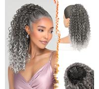 BARSDAR Gris Cola de Caballo Extensiones, Rizado Cola de Caballo con Cordón 45cm Pure Protein Fibra Bohemian Ondulado Rizado Peine Clip in Ponytail Postizos Ligera Fiesta Diaria, Salt and Pepper Gris
