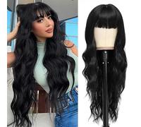 BARSDAR Larga Natural Negro Peluca con Flequillo, 66cm Larga Ondulada Negro Peluca con Bangs para Mujer Sintéticas Cabello Reemplazo Pelucas Diario Cosplay Fiesta Halloween