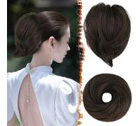 BARSDAR Liso Marrón Moño de Pelo Extensiones, Corta Liso Cola de Caballo Moño Extensiones de Cabello Natural Sintético Elástico Moño de Pelo Postizos para Mujeres (Oscuro Marrón Mezclado)