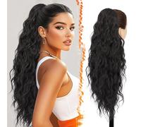 BARSDAR Negro Marrón Cola de Caballo Extensiones con Cordón, 66cm Larga Rizado Ondulado Coleta Postiza Extensión Pelo para Mujer, Sintética Clip Postiza de Pelo Natural, Negro Marrón