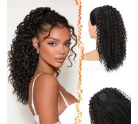 BARSDAR Negro Marrón Cola de Caballo Extensiones, Rizado Cola de Caballo con Cordón Pure Protein Fibra 45cm Bohemian Ondulado Rizado Peine Clip in Ponytail Postizos Aspecto Natural Ligera Diaria