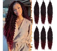 BARSDAR Ocean Wave Crochet Extensiones de pelo, 55cm 6 Packs Deep Wave GoGo Curl Crochet Trenzado Hair para Mujeres Sintética Braids Ondulado Largo Rizado Braiding Extensiones Negro Ombre Borgoña