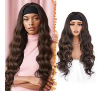 BARSDAR Ondulada Headband Peluca, 66cm Larga Pelo Body Ondulada Sintético Diadema Peluca para Mujer Wear and Go Pelucas sin pegamento Aspecto Natural Pelucas de Pelo - Marrón con Auburn Highlight