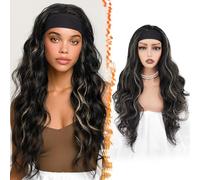 BARSDAR Ondulada Headband Peluca, 66cm Larga Pelo Body Ondulada Sintético Diadema Peluca para Mujer Wear and Go Pelucas sin pegamento Aspecto Natural Pelucas de Pelo - Negro con Rubio Highlight