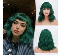 BARSDAR Pastel Ondulado Peluca Esponjosa Encantadora Rizada Pelucas Con Flequillo 14 Pulgadas Hombro Sintético longitud Cosplay Fiesta Peluca Para Mujer/Niña Verde Oscuro