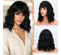 BARSDAR Pastel Ondulado Peluca Esponjosa Encantadora Rizada Pelucas Con Flequillo 14 Pulgadas Hombro Sintético longitud Cosplay Fiesta Peluca Para Mujer/Niña Negro