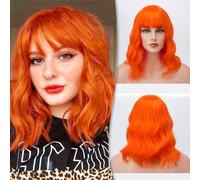 BARSDAR Pastel Ondulado Peluca Esponjosa Encantadora Rizada Pelucas Con Flequillo 14 Pulgadas Hombro Sintético longitud Cosplay Fiesta Peluca Para Mujer/Niña Naranja Brillante