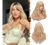 BARSDAR Peluca larga rubia con flequillo, 66 cm de largo ondulado, pelucas de capas para mujer, pelo sintético, mariposa, aspecto natural, fiesta diaria, Halloween, mezcla de rubias