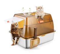 Bartuke Arena para Gatos de Acero Inoxidable con Cubierto, Cajas de Arena Grande XXL, Extraíble Arenero Cerrado para Gato con Pala, Anti-Fugas, Sin Olor, Fácil de Limpiar, para Varios Gatos (Marrón)