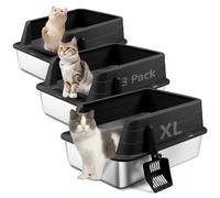 Bartuke Cajas de Arena para Gatos de Acero Inoxidable con Pala, Bandeja higiénica de Lados Altos, antisalpicaduras, sin olores, Antiadherente, fácil de Limpiar (Negro, 3 Unidad)