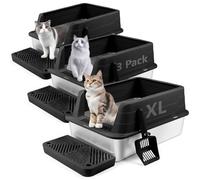 Bartuke Cajas de Arena para Gatos de Acero Inoxidable con Pala, Bandeja higiénica de Lados Altos, antisalpicaduras, sin olores, Antiadherente, fácil de Limpiar (Negro, 3 Unidad)